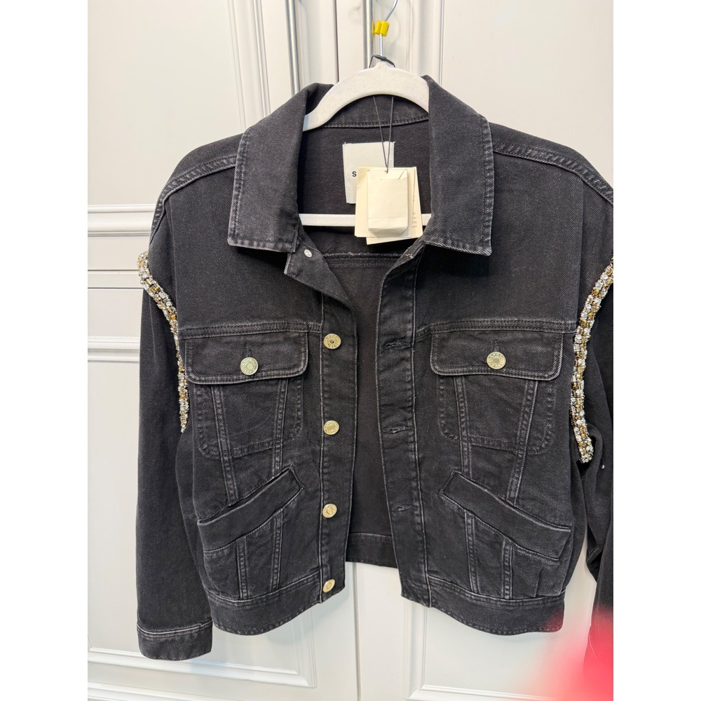 Sandro Paloma Denim Jacket Women 38 Black NWT Crystal Embellished Noir